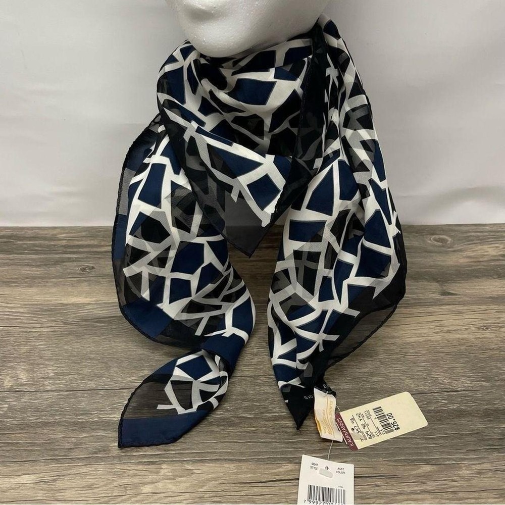 Elaine Gold Collection XIIX Geometric Scarf Navy Blue White Chiffon Square NWT